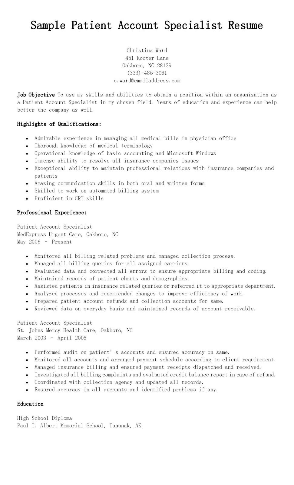 accounts receivable job description on sample patient account specialist resume accounts receivable resume accounting