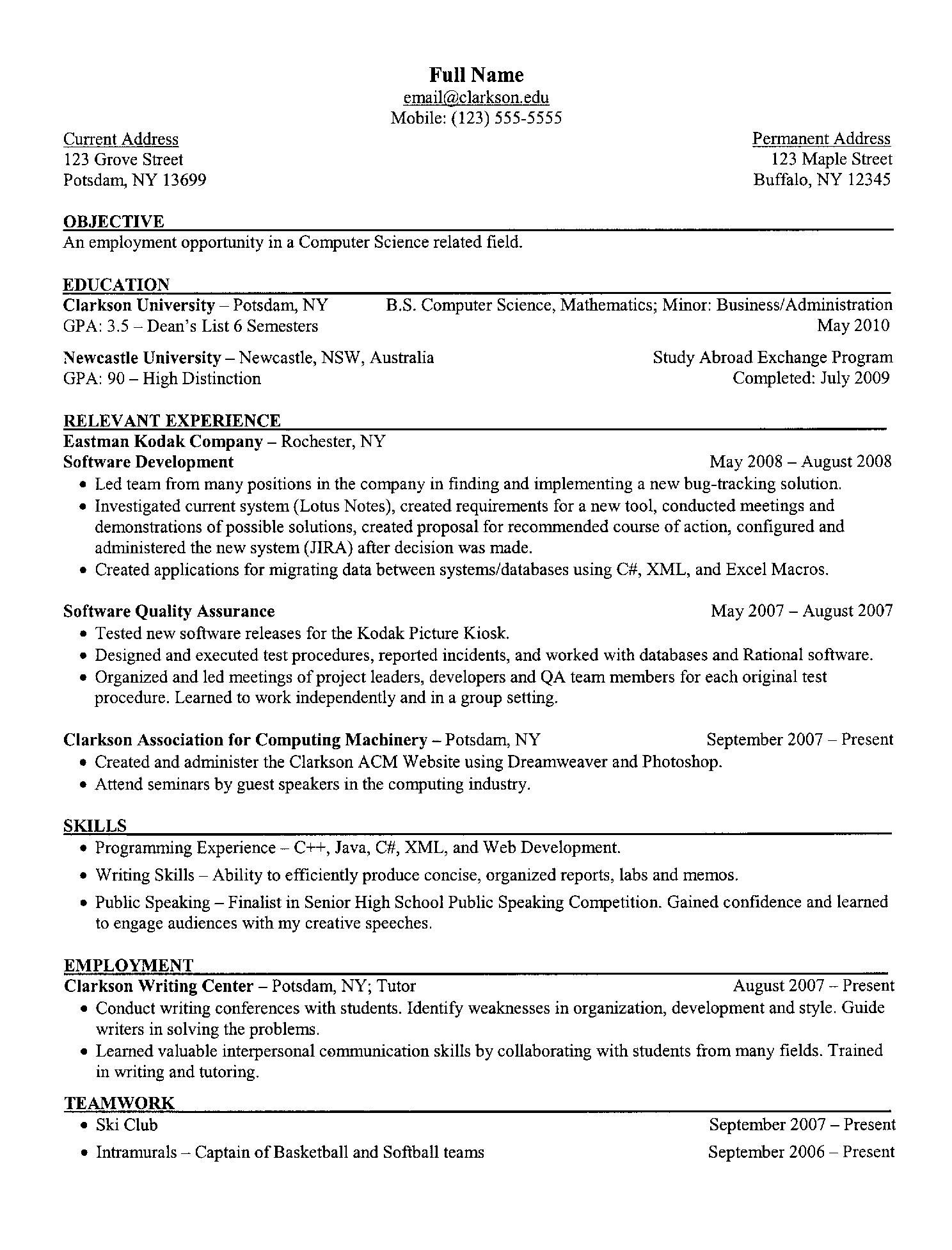 computer science resume skills on examples of a resume clarkson university senior computer science resume sample resume skills student resume student resume template
