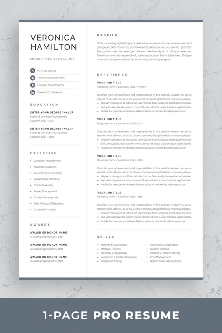 professional one page resume template on professional resume template compact 1 page resume template modern one page cv for word mac pages instant download veronica in 2021 one page resume template one page resume resume template professional