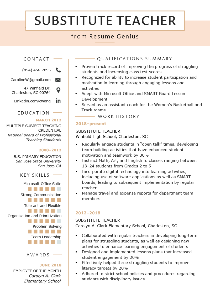substitute teacher resume no experience on substitute teacher resume samples writing guide resume genius in 2021 teacher resume examples teaching resume teacher resume