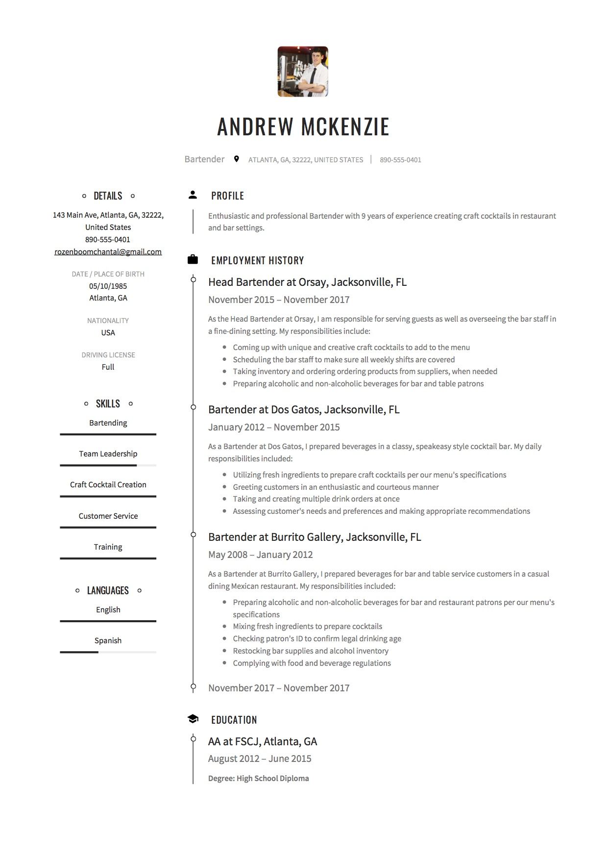 free bartender resume templates on free bartender resume sample template example cv resume examples resume guide free resume examples