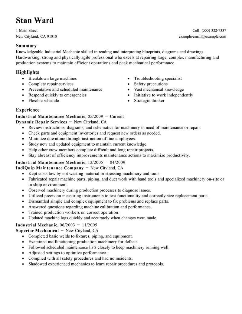 maintenance mechanic resumes on best industrial maintenance mechanic resume example livecareer resume examples job resume examples cv examples