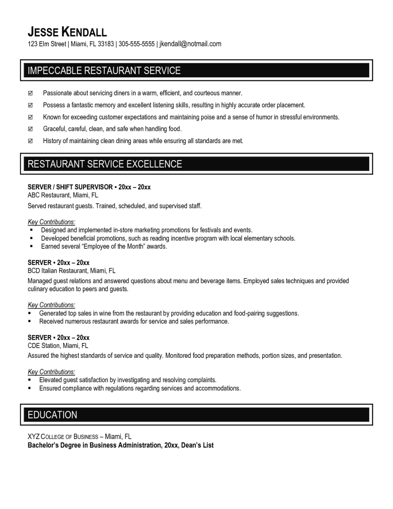 server resume ideas on cover letter objective for resume server template waitress sample functional waiter profile qualificationobjective