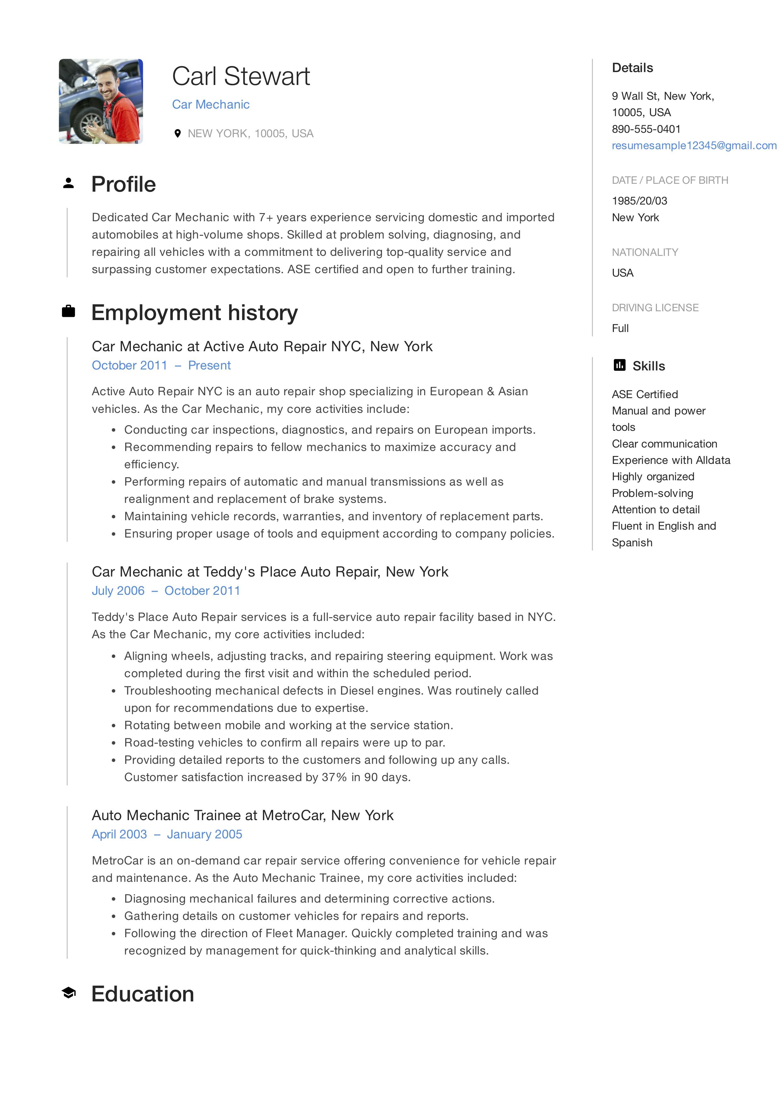 personal trainer resume points on free car mechanic resume sample template example cv resume skills manager resume resume guide