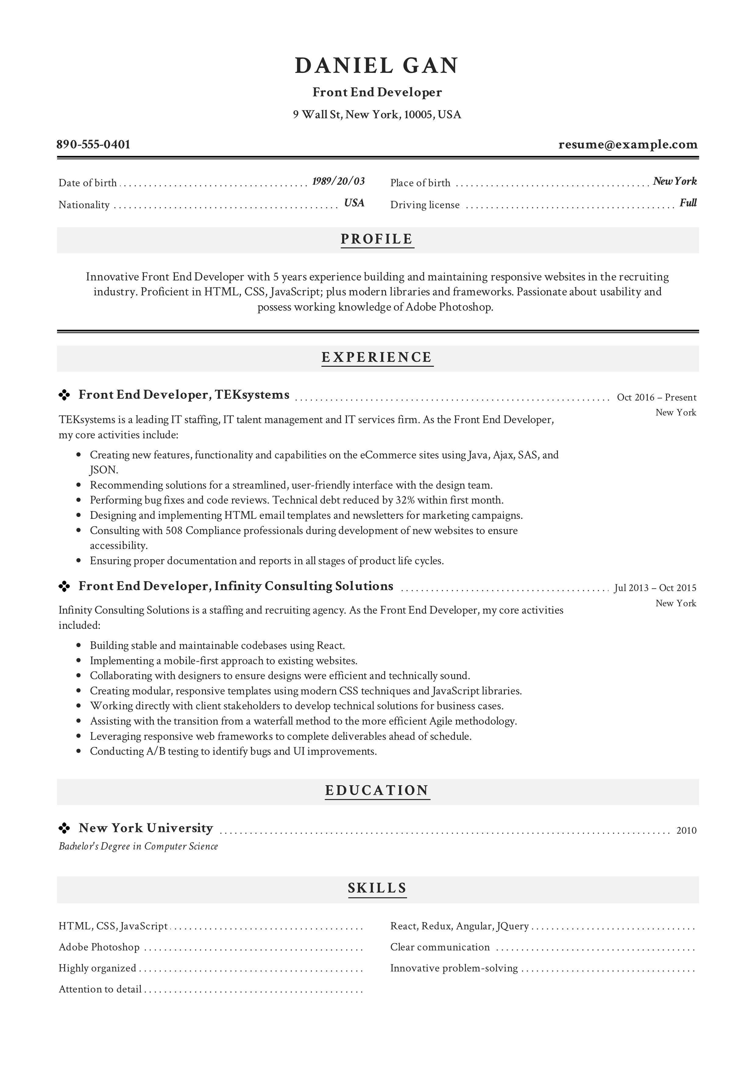 front end developer resume template on front end developer resume example resume examples resume student cv examples