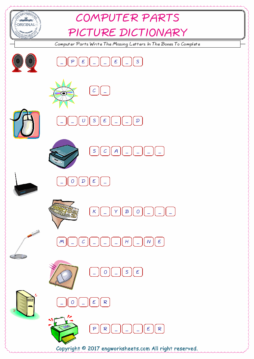 computer basic skills on computer parts write the missing letters in the boxes to complete teaching computers computer lab lessons computer basic