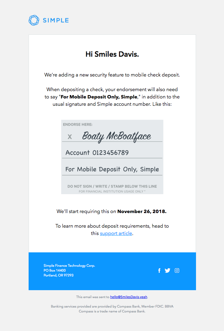 email send service on simple sent this email with the subject line an important update on mobile check deposit read about this ema best email marketing professional grow business