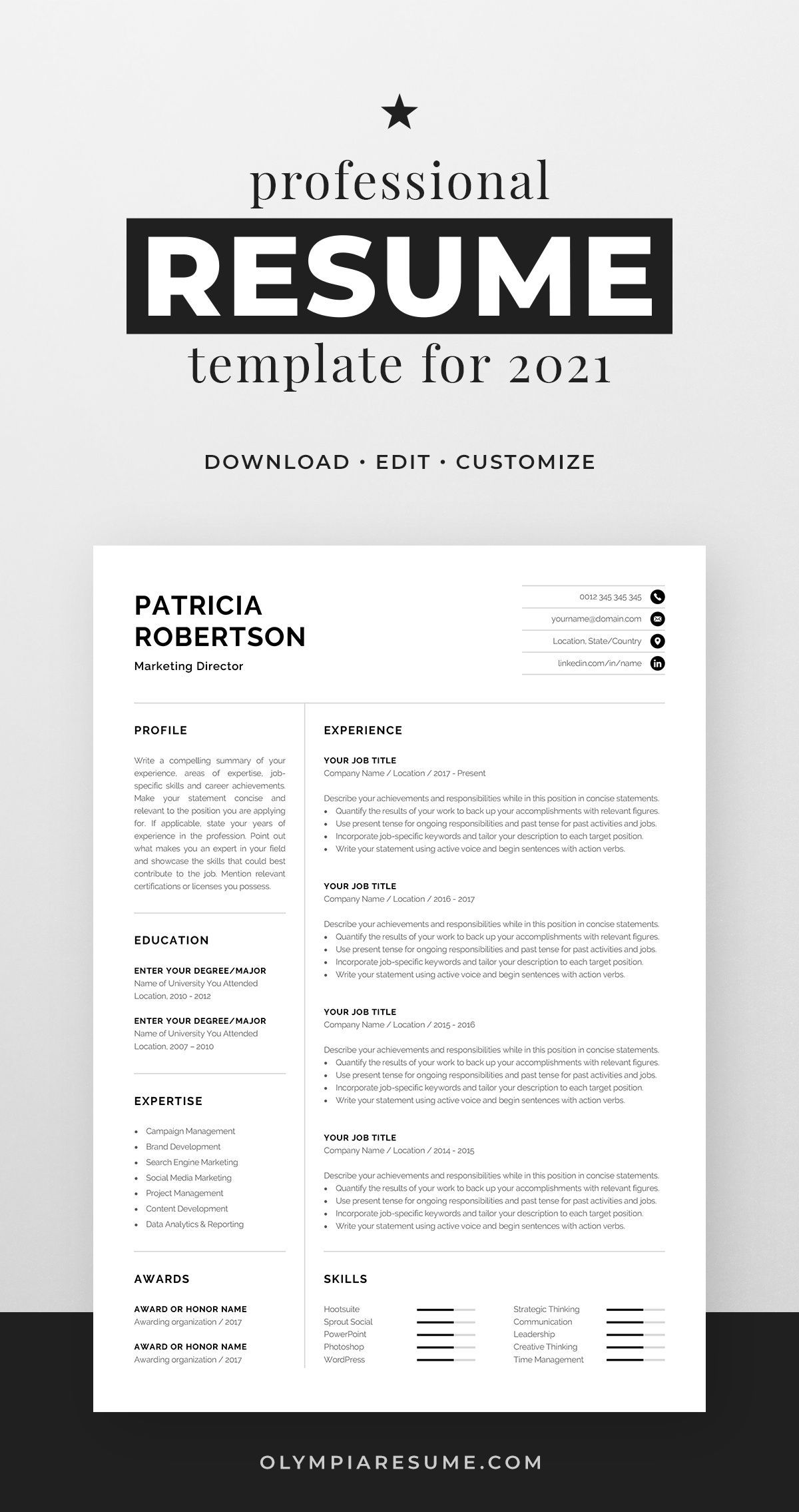 special skills on resume on professional 1 page resume template modern one page cv etsy in 2021 resume template professional resume template resume template word