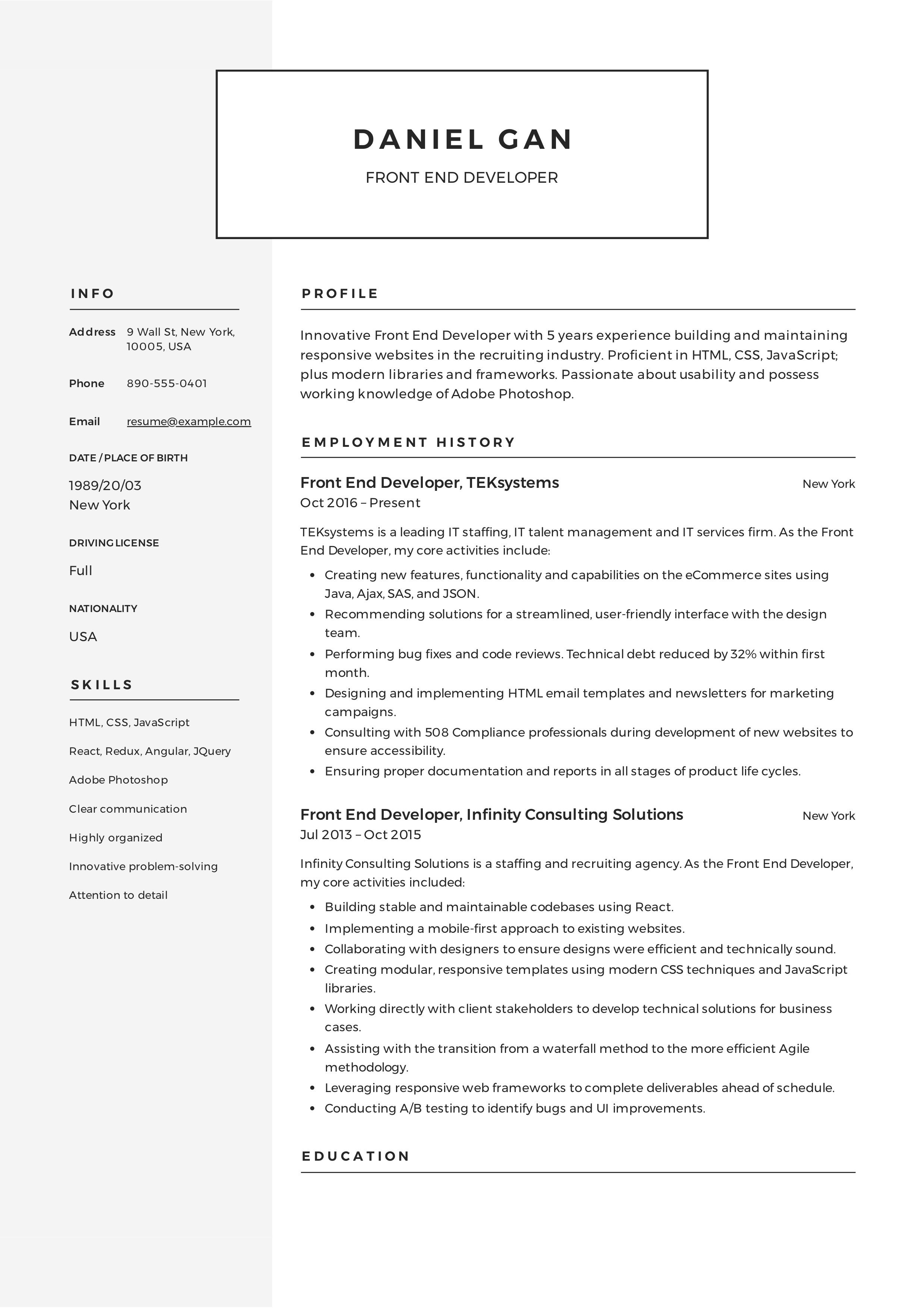 front end developer resume template on front end developer resume example web developer resume resume examples resume template