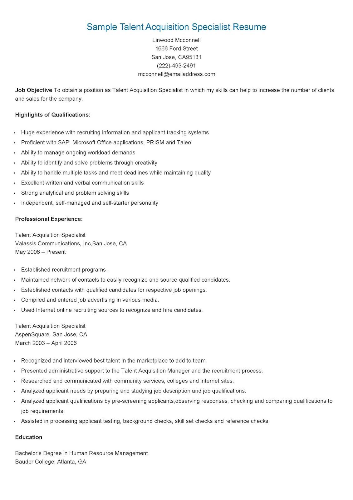 applicant tracking system resume test on sample talent acquisition specialist resume talent acquisition resume sales resume examples