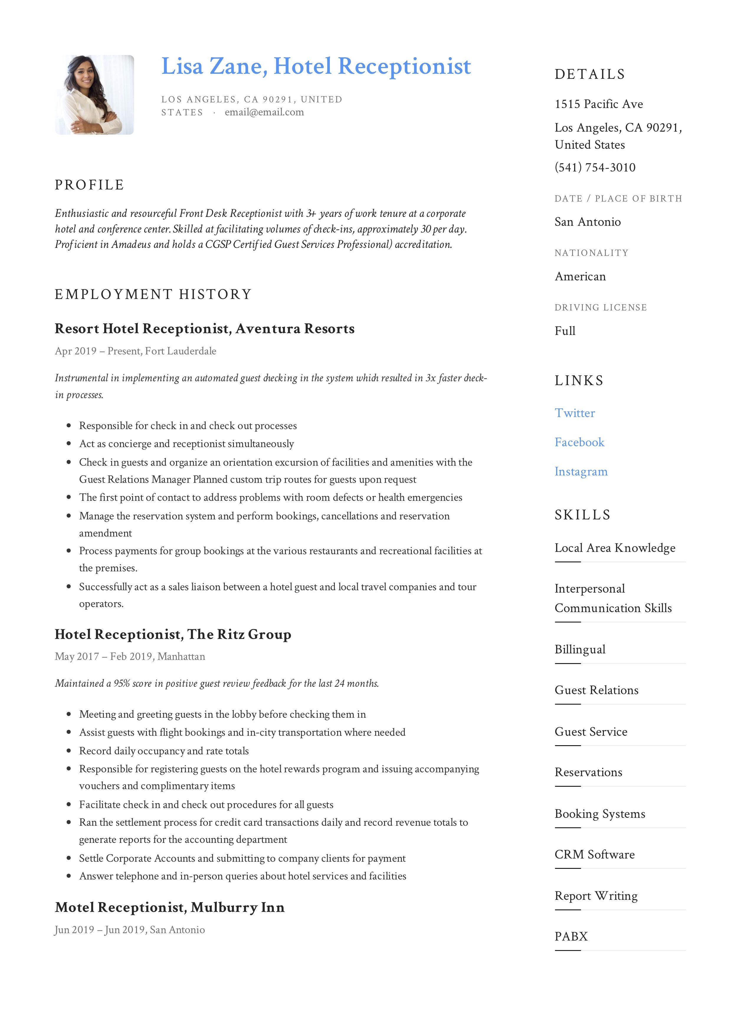front desk receptionist sample resume on 12 hotel receptionist resume templates ideas resume resume guide guided writing