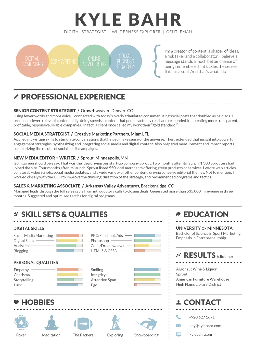 resume for social media marketing on digital strategist infographic resume kyle bahr visualresume infographicresume infographic resume visual resume digital marketing strategist