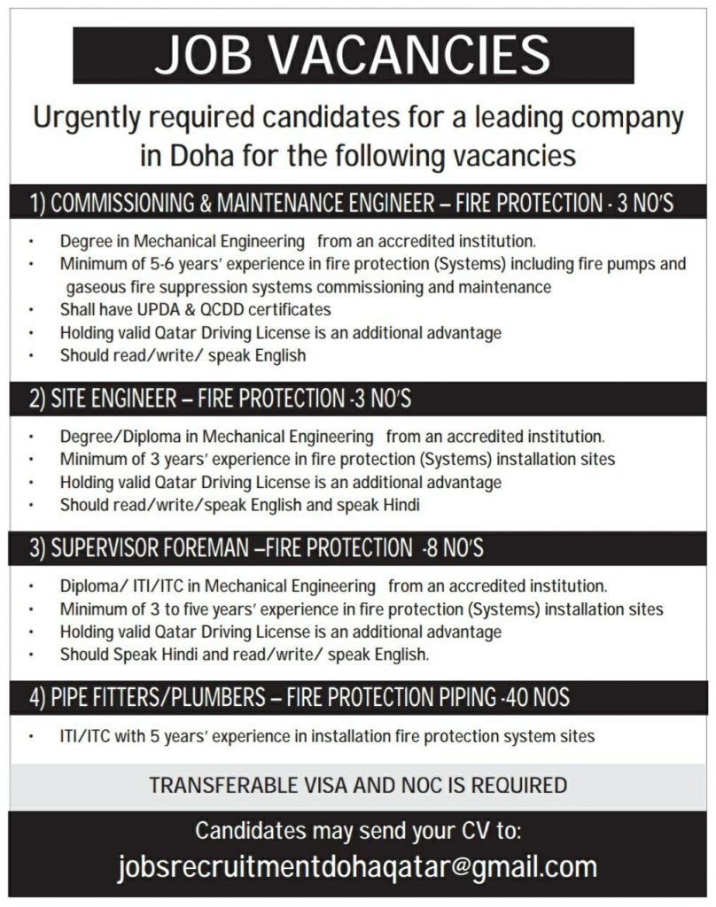 mechanical engineering company on multiple job openings qatar job opening job fire suppression system