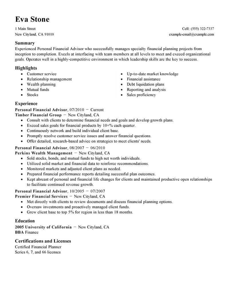 financial advisor sample resume on cfp resume examples in 2021 personal financial advisor financial advisors resume examples