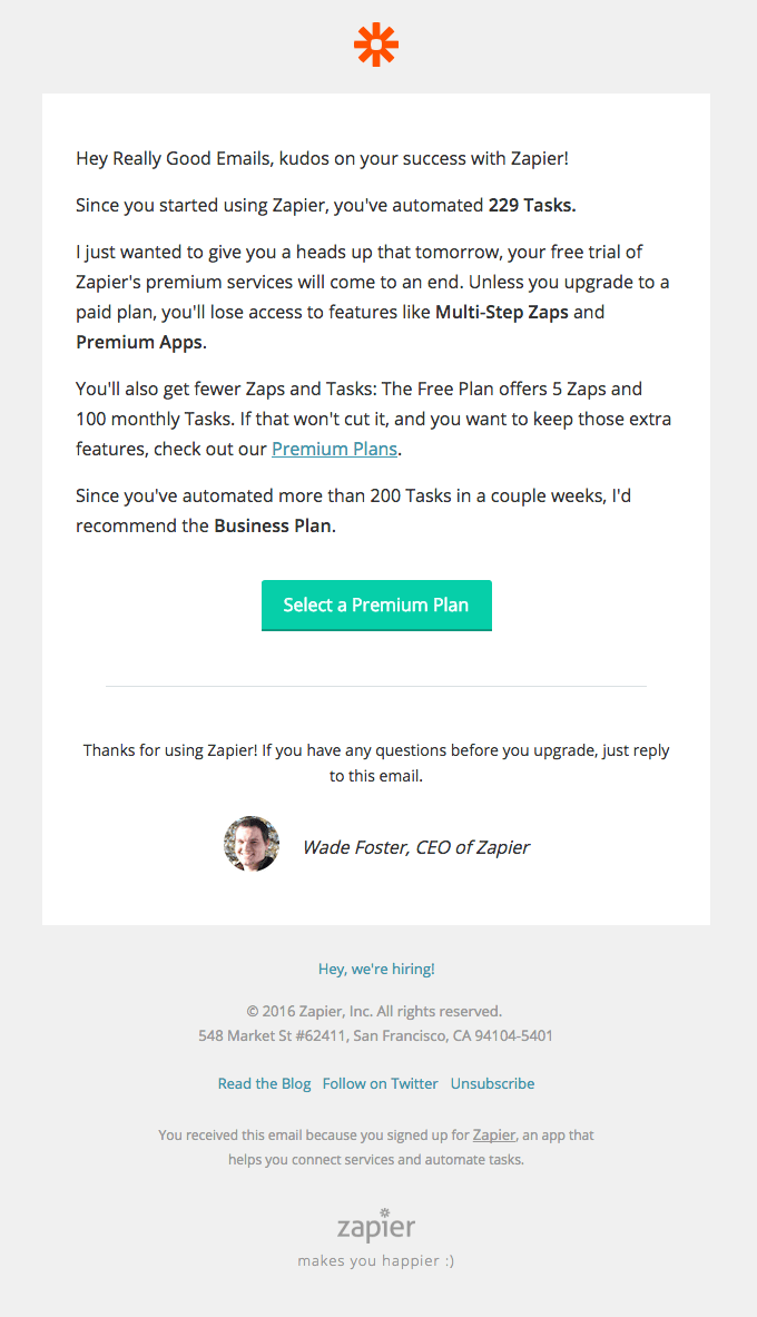 your zapier premium trial ends tomorrow automated email follow up on your zapier premium trial ends tomorrow
