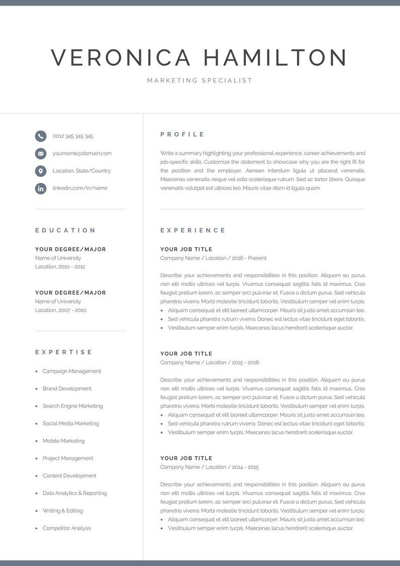 professional one page resume template on professional resume template 1 and 2 page resume modern cv etsy in 2021 resume template professional marketing resume resume examples