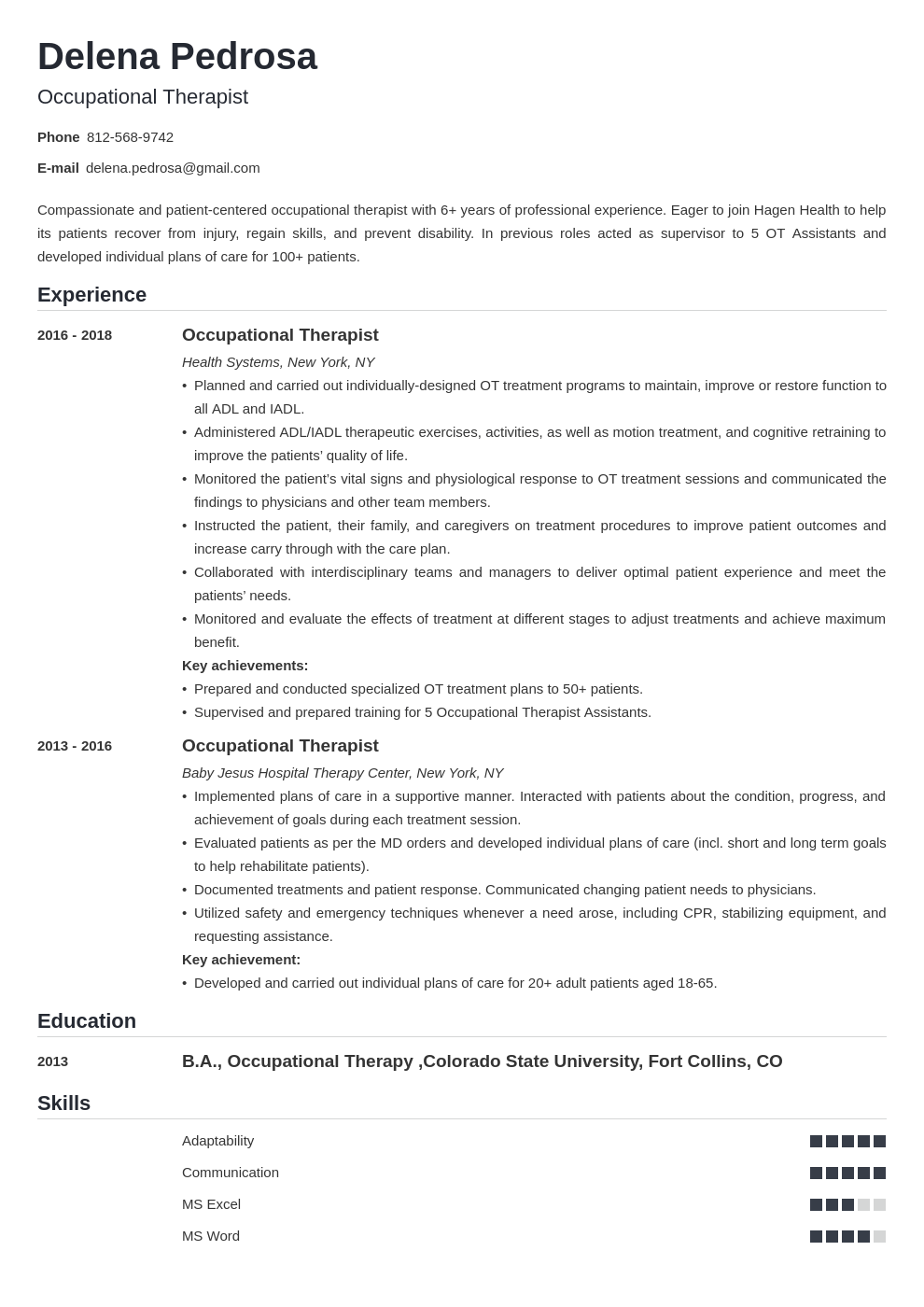 pediatric occupational therapist resume on occupational therapy resume example template nanica occupational therapy jobs resume examples occupational