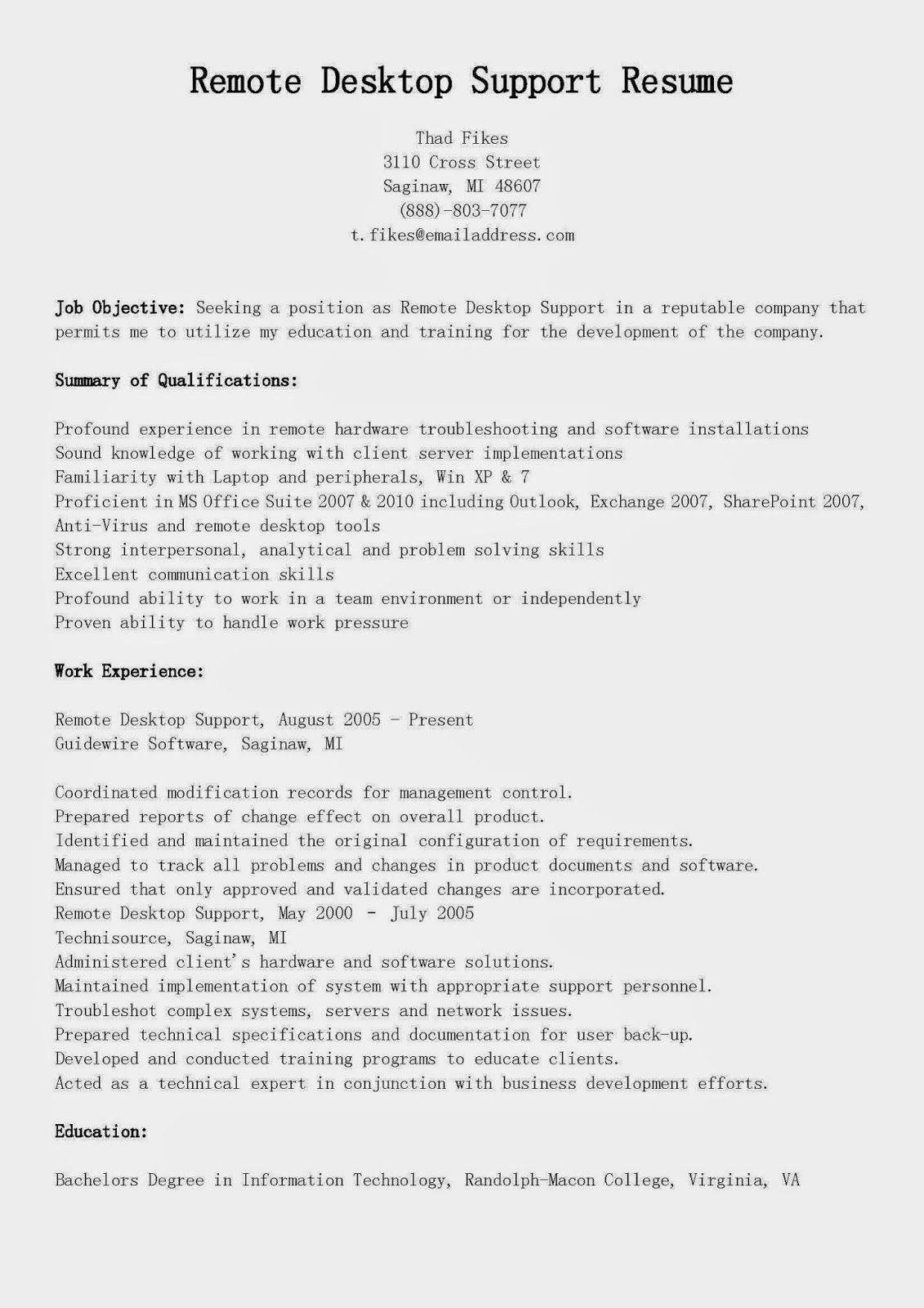 remote job resume template on remote desktop support resume sample desktop support resume supportive