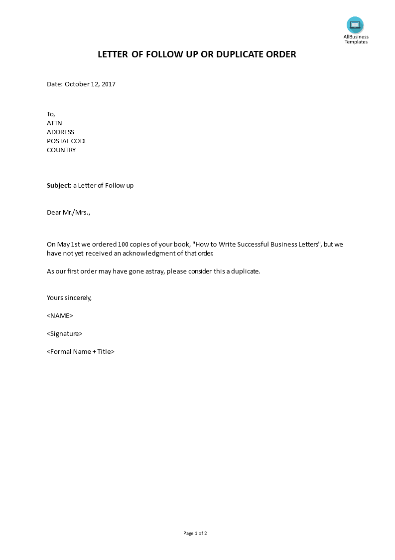 how to write a follow up letter on letter of follow up or duplicate order how to write a letter of follow up or duplicate order download this letter of f templates lettering business template