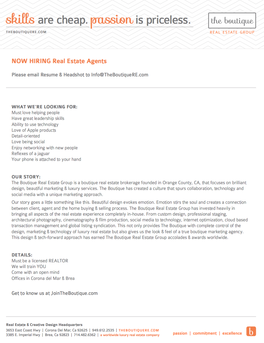 beginner real estate agent resume on now hiring amazing agents oc realestate tbreg www jointheboutique com marketing approach leadership skills helping people