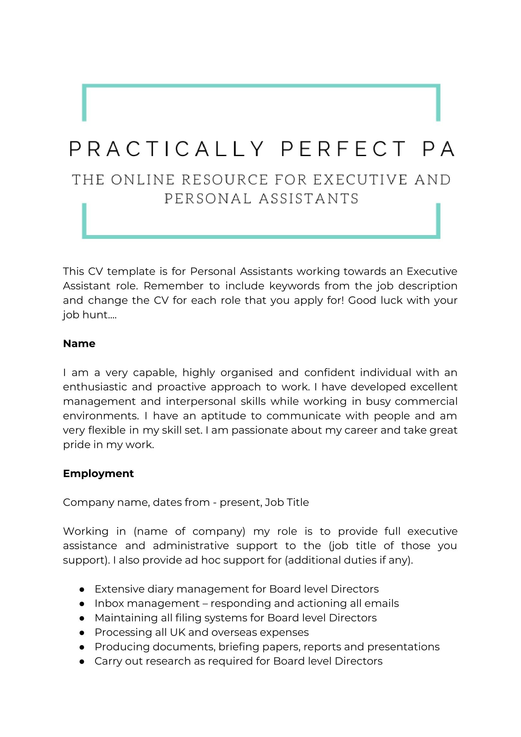 self employed job description on cv template for executive and personal assistants cv template job hunting personal assistant