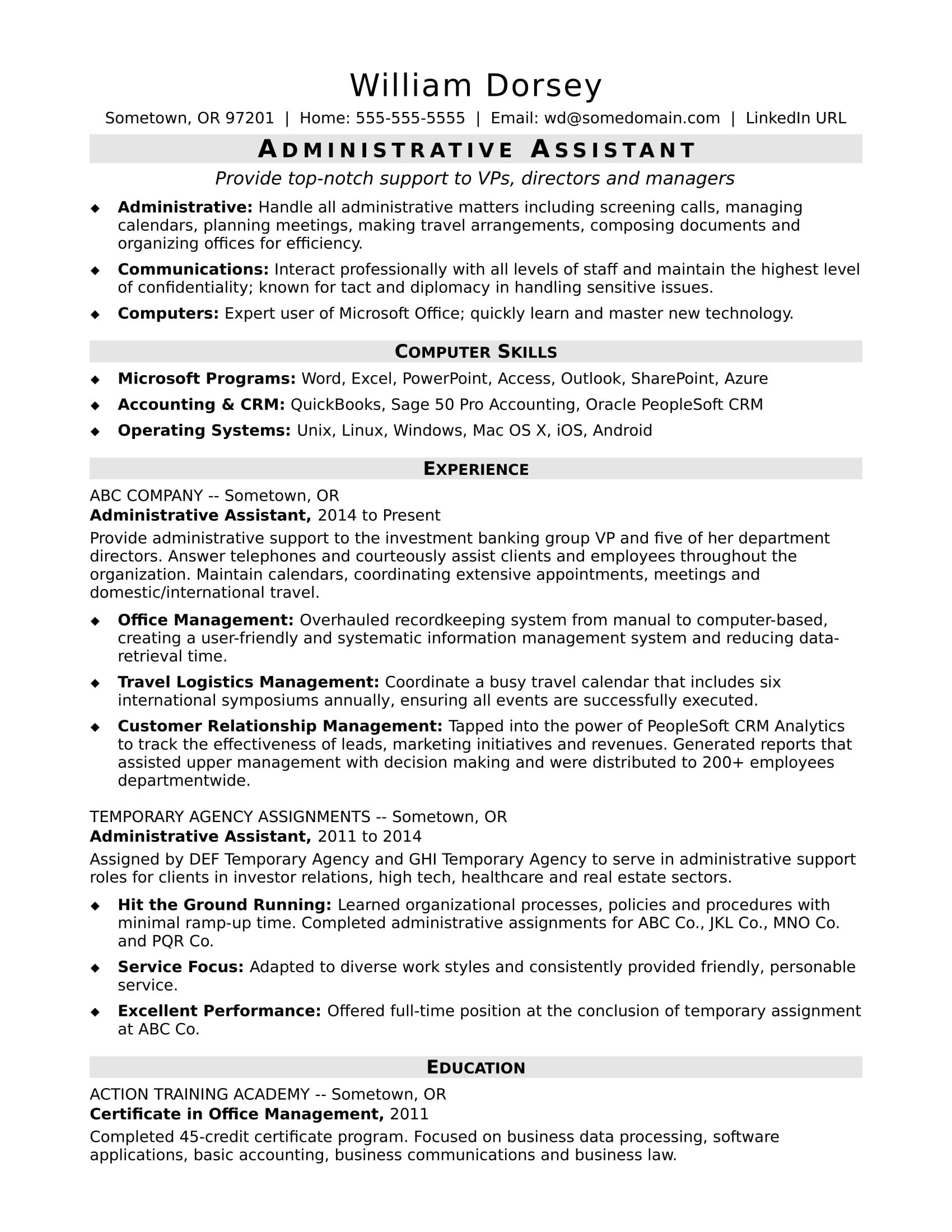 resume for office skills on this sample resume for a midlevel administrative assistant shows how you can emphasize your office skills and proven success in administrative roles administrative assistant resume administrative assistant nursing resume template