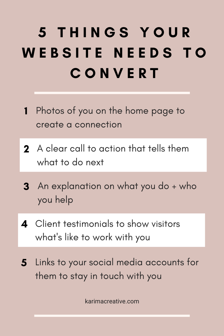 website for small business owners on the five things your website actually needs to convert make impact karima creative marketing strategy social media small business marketing business marketing