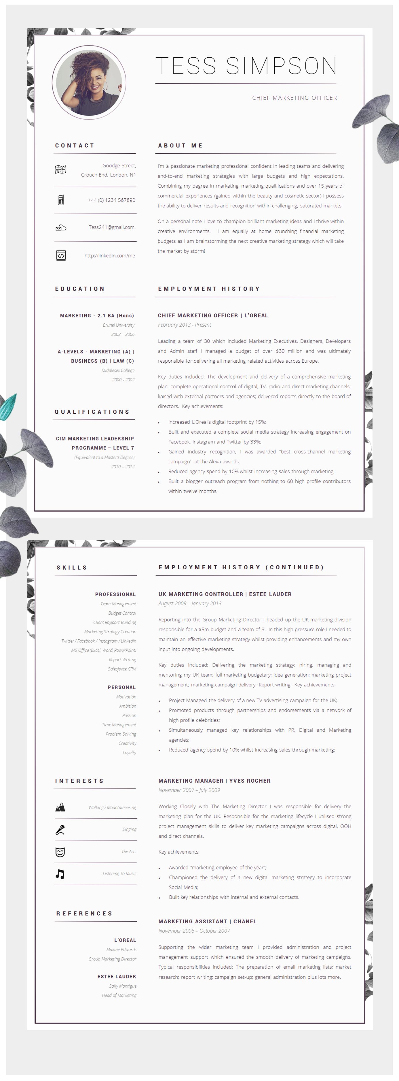 resume for social media marketing on creative resume template for women two page resume design etsy creative cv creative resume templates creative cvs