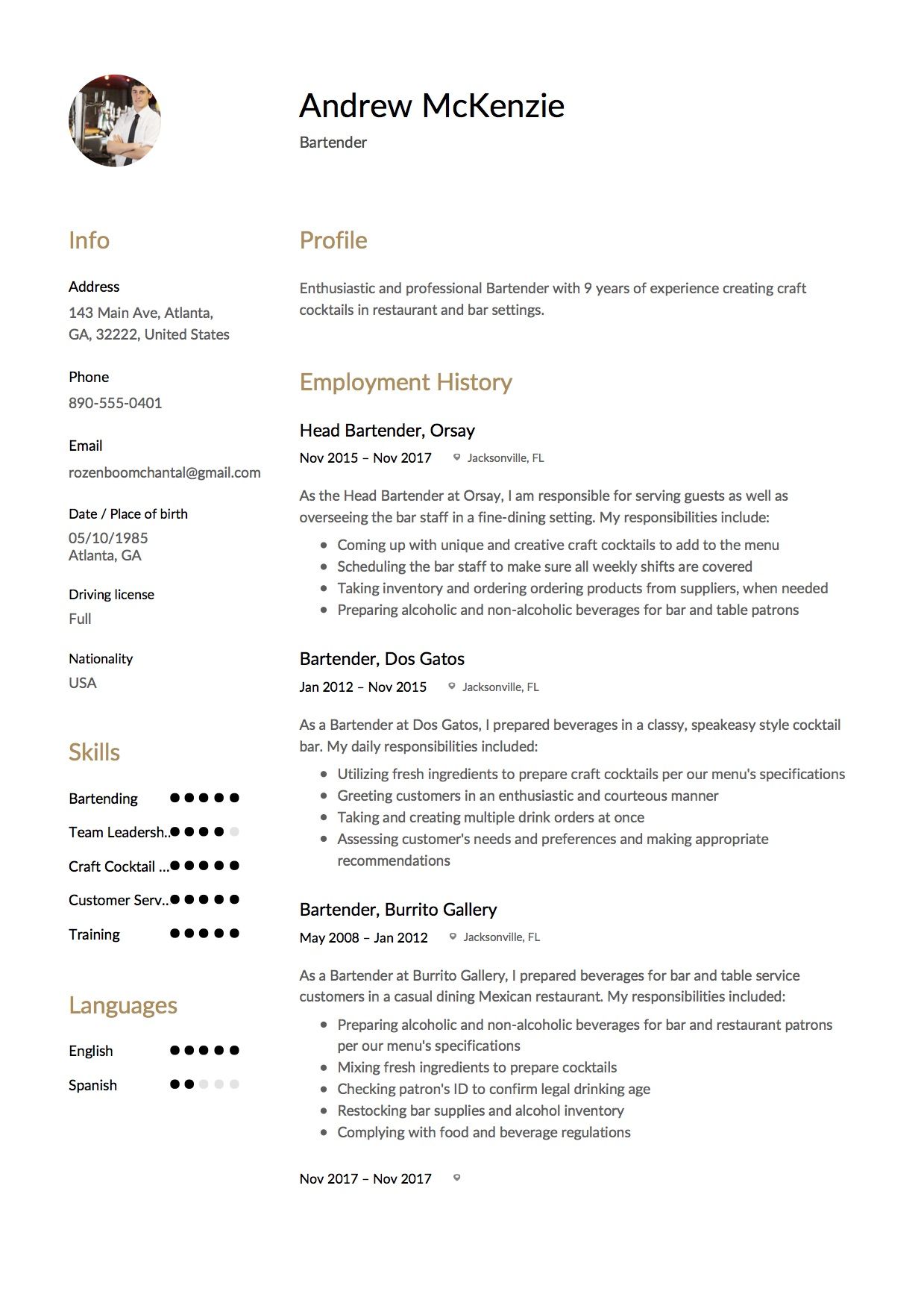 free bartender resume sample template example cv resume examples job resume template first job resume food and beverage resume on free bartender resume sample template example cv resume examples job resume template first job resume