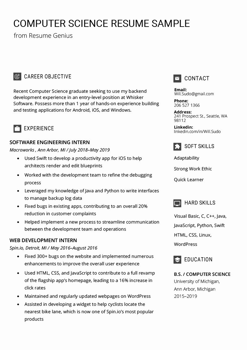computer science internship resume no experience on computer science resume example unique puter science resume sample writing tips computer science science student resume examples