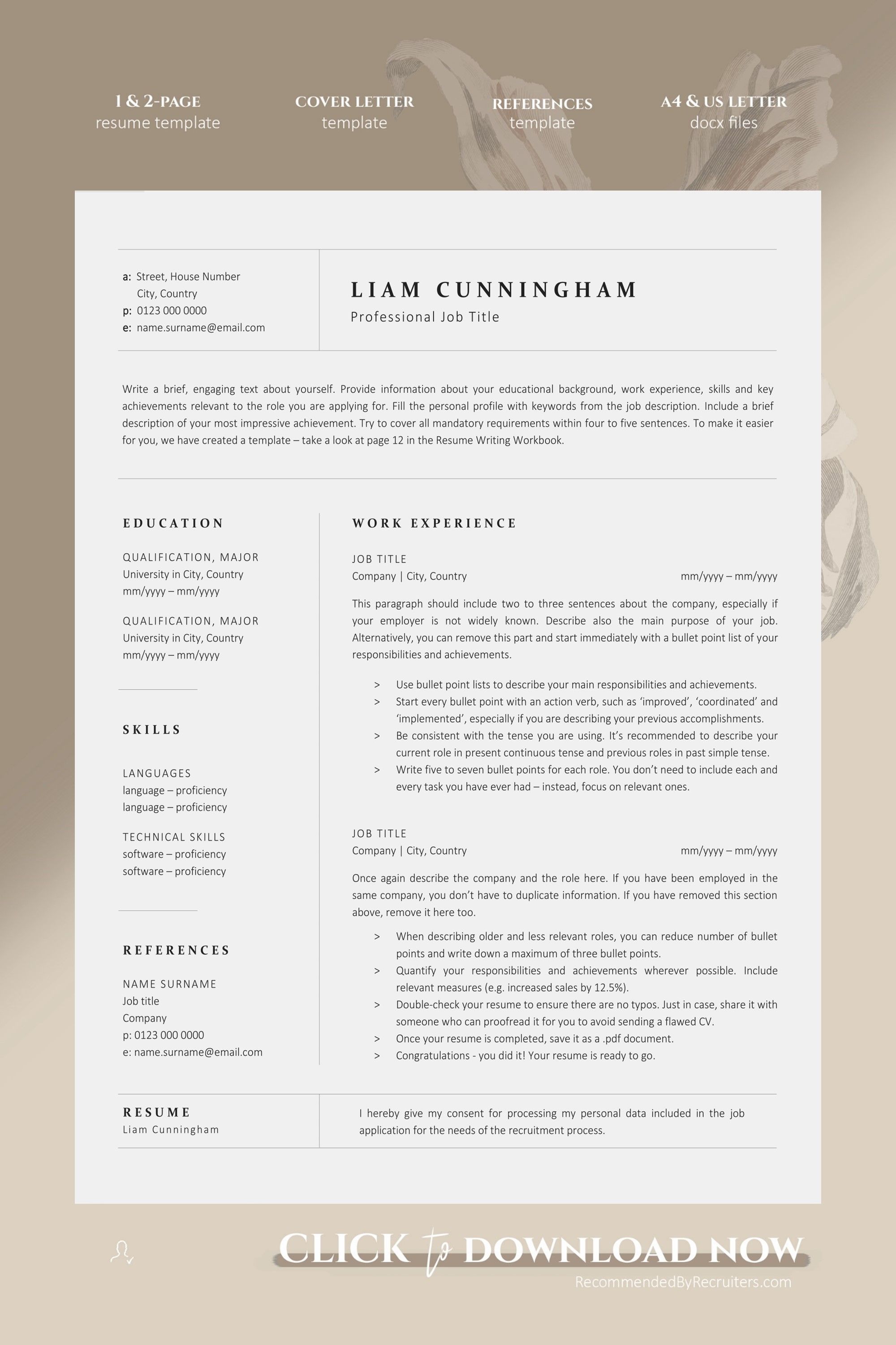 one page resume builder on clean resume and cover letter template instant download etsy job resume examples resume template minimalist resume template
