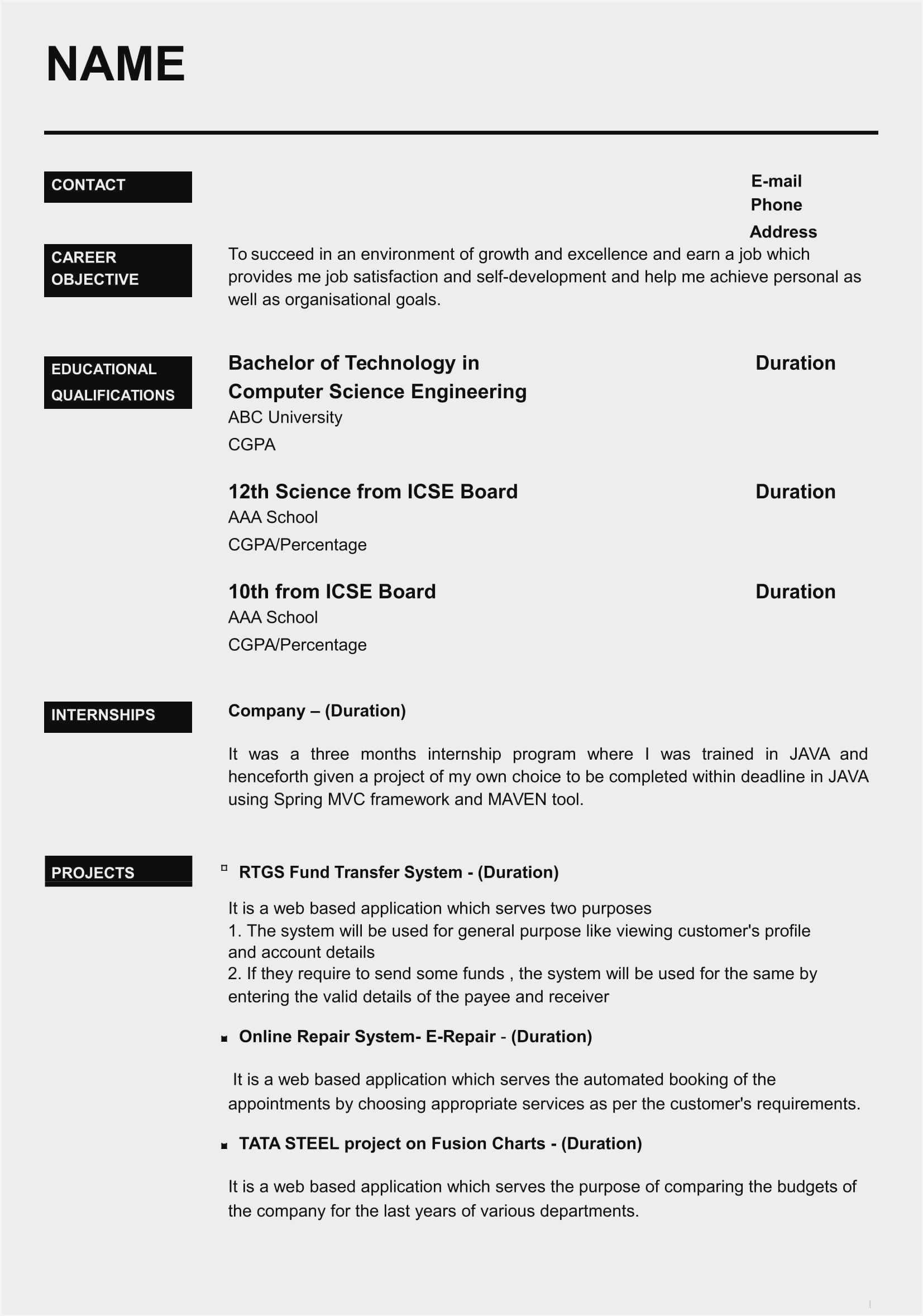 resume format for computer science engineering students for internship on resume templates science 11 templates example templates example