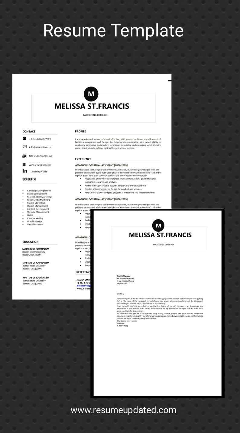 best 1 page resume on 1 page professional resume cover letter cv template resume etsy in 2021 cover letter for resume download resume resume templates