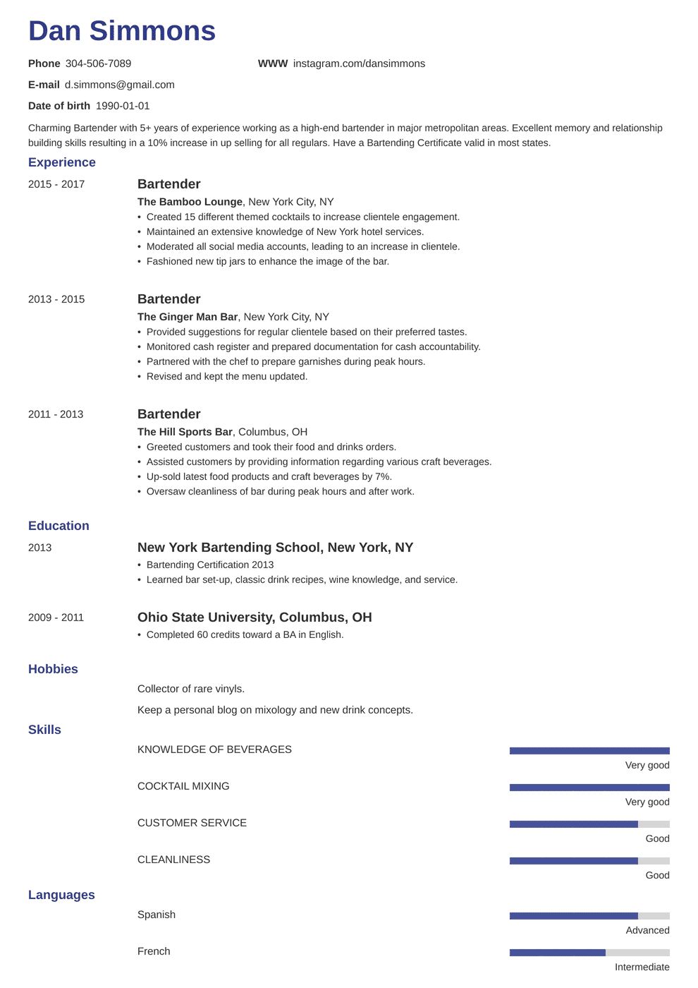 bartender resume sample no experience on bartender resume template minimo best resume template resume examples job resume examples