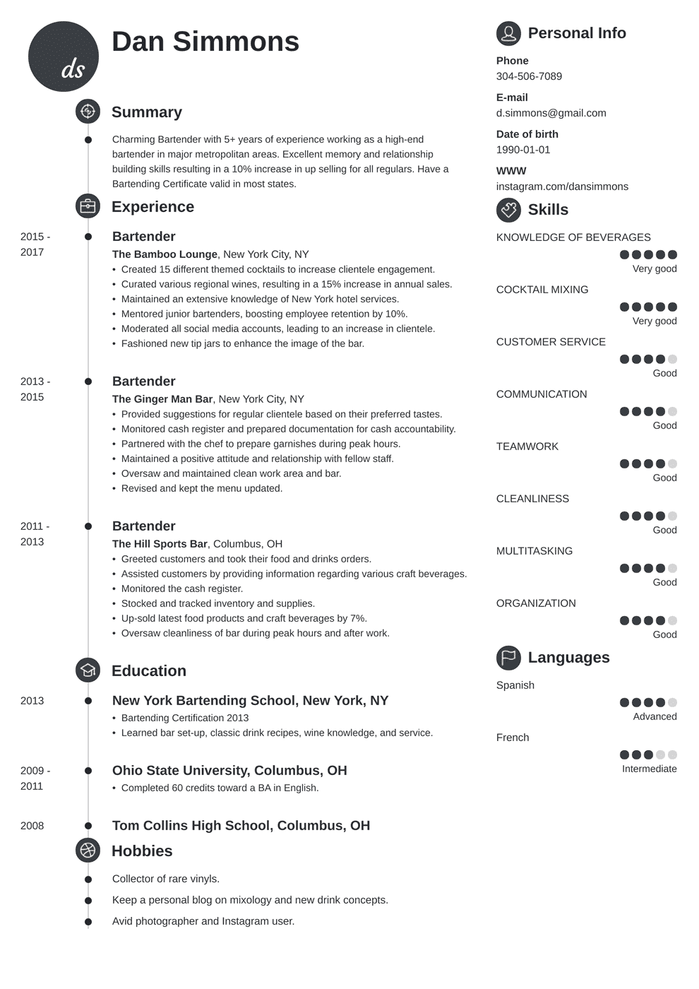 bartender resume template on bartender resume template primo resume examples job resume examples resume template