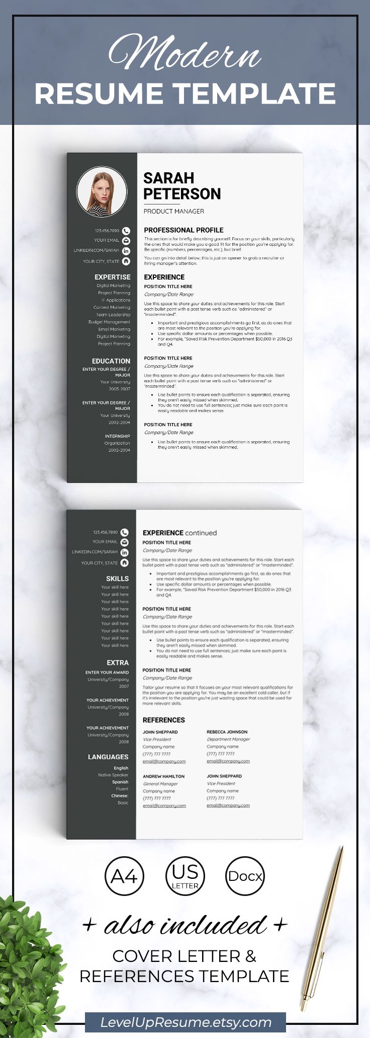 two page resume template on sale resume with photo two page resume template curriculum etsy in 2021 resume template resume design modern resume template