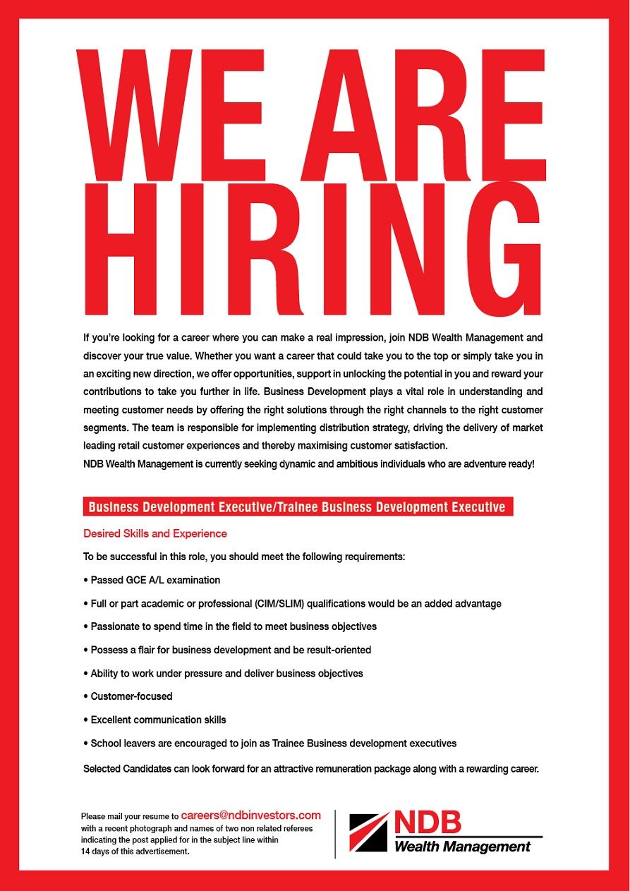 business development executive trainee business development executive at ndb wealth management career wealth management business development we are hiring business development executive on business development executive trainee business development executive at ndb wealth management career wealth management business development we are hiring
