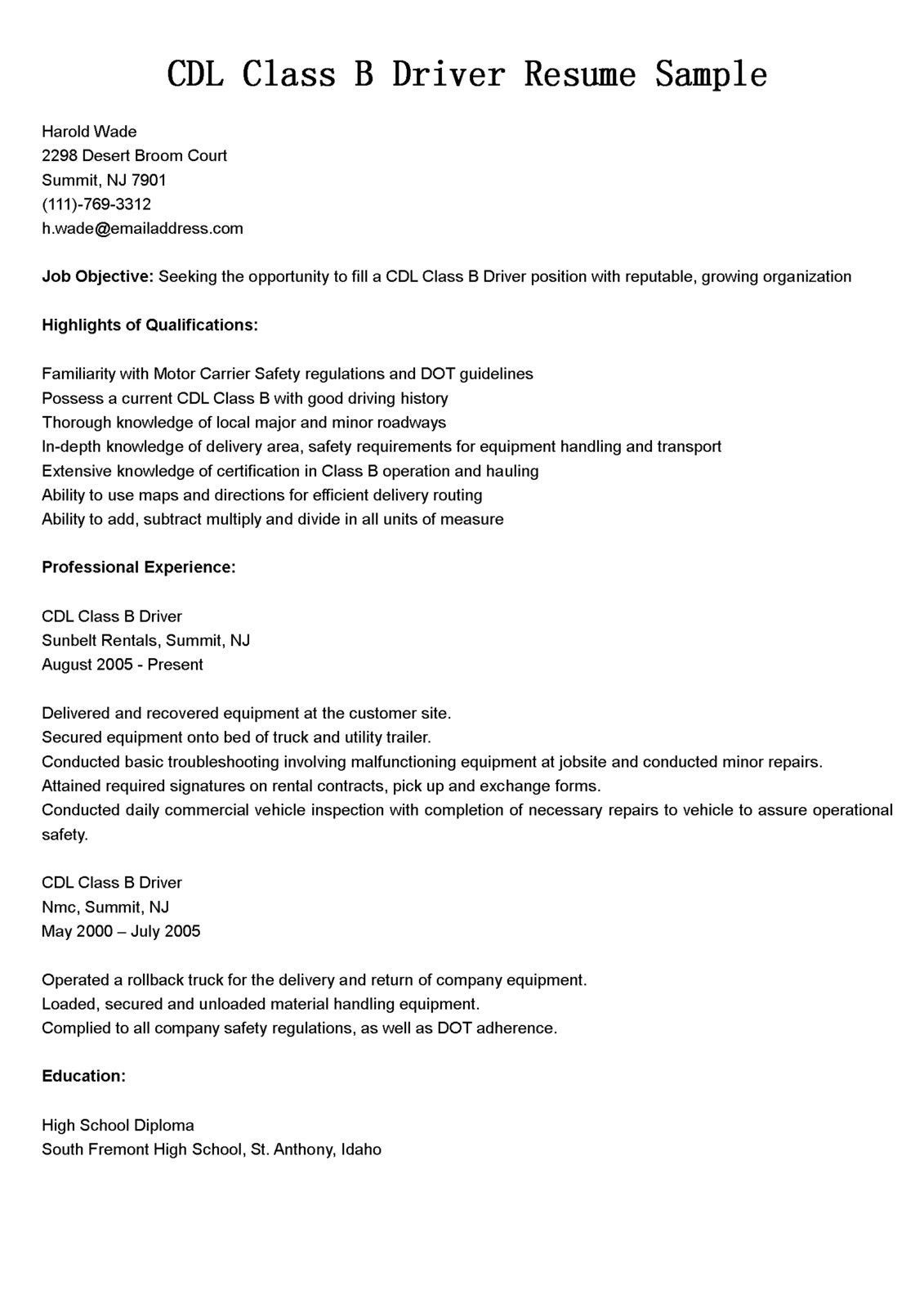 truck driver resume word on cdl class b resume examples class examples resume resumeexamples