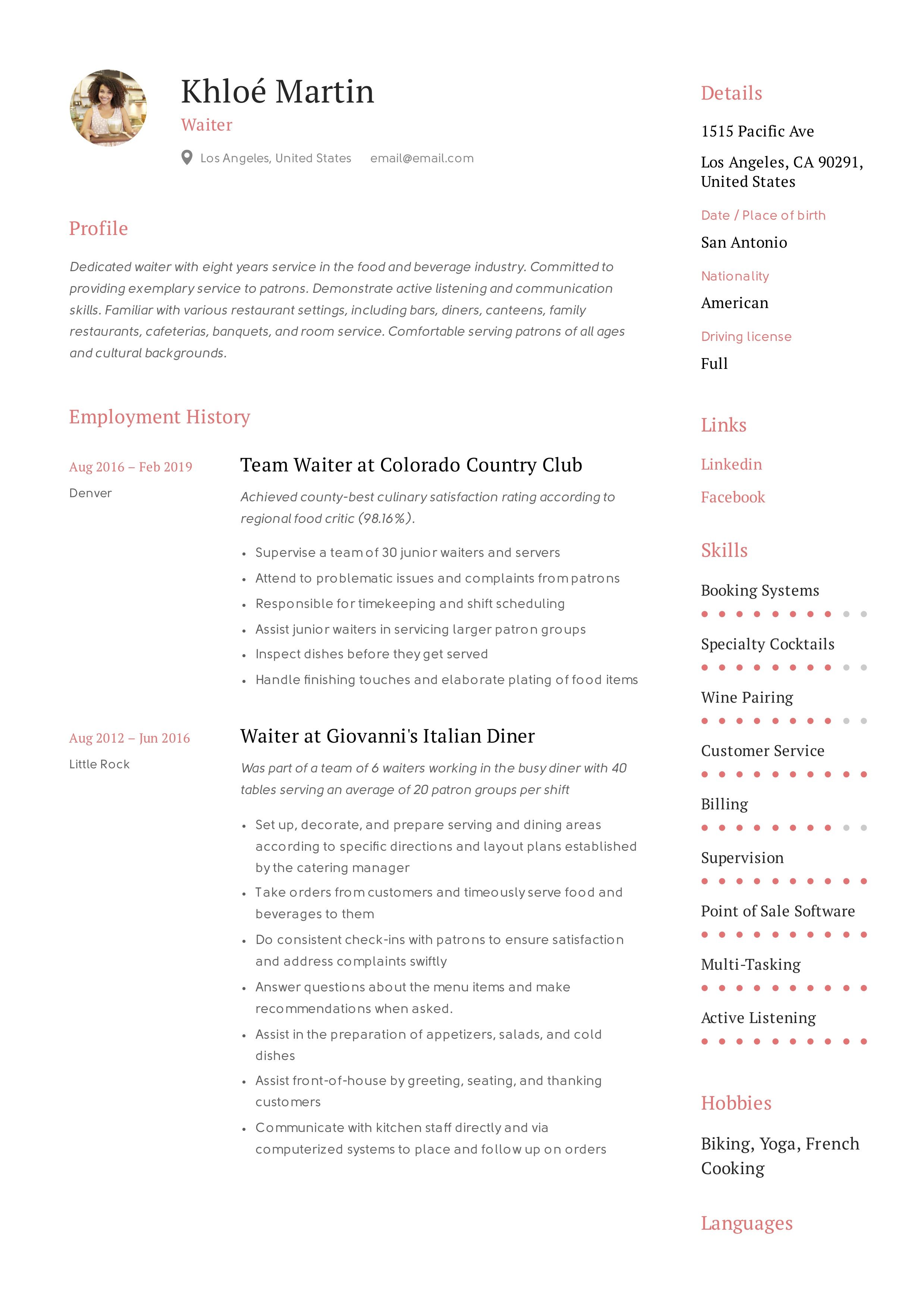 waiter responsibilities resume on waiter resume template resume examples resume summary examples good resume examples