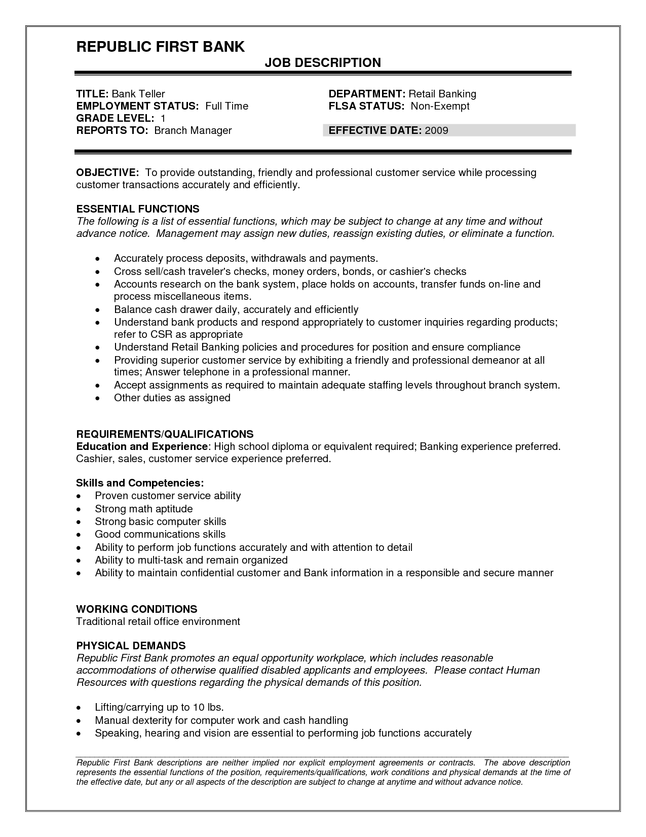 cashier job skills for resume on bank teller job description