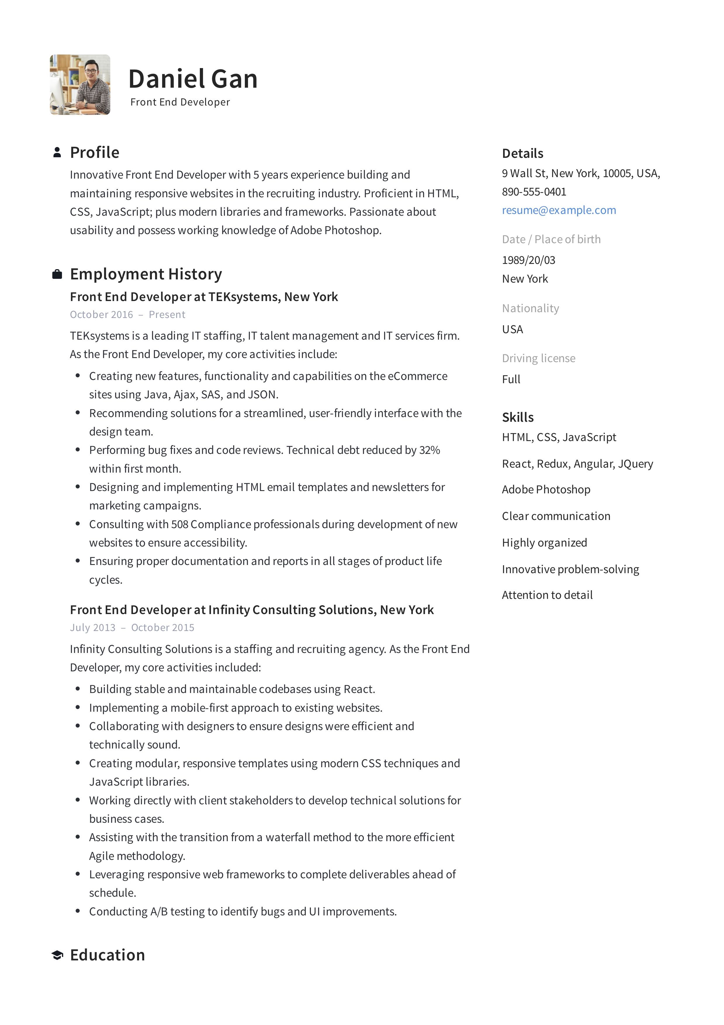 front end developer resume template on 12 best front end developer resume examples ideas resume examples resume resume updating