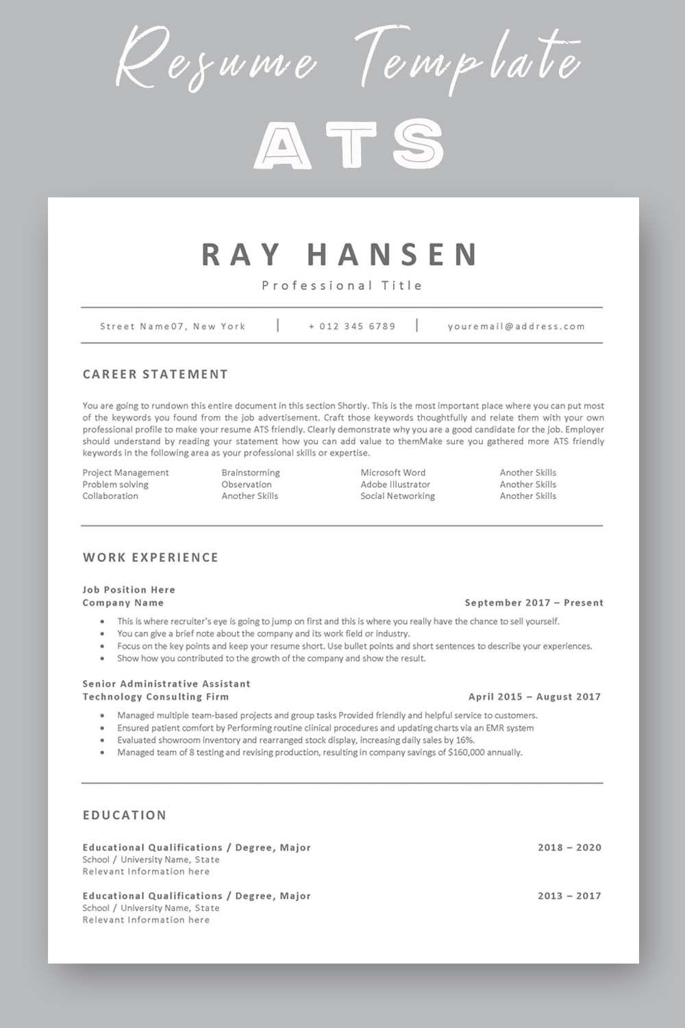 ats resume template on ats compatible resume template applicant tracking system friendly curriculum vitae one column cv word resume template functional resume template event planner resume