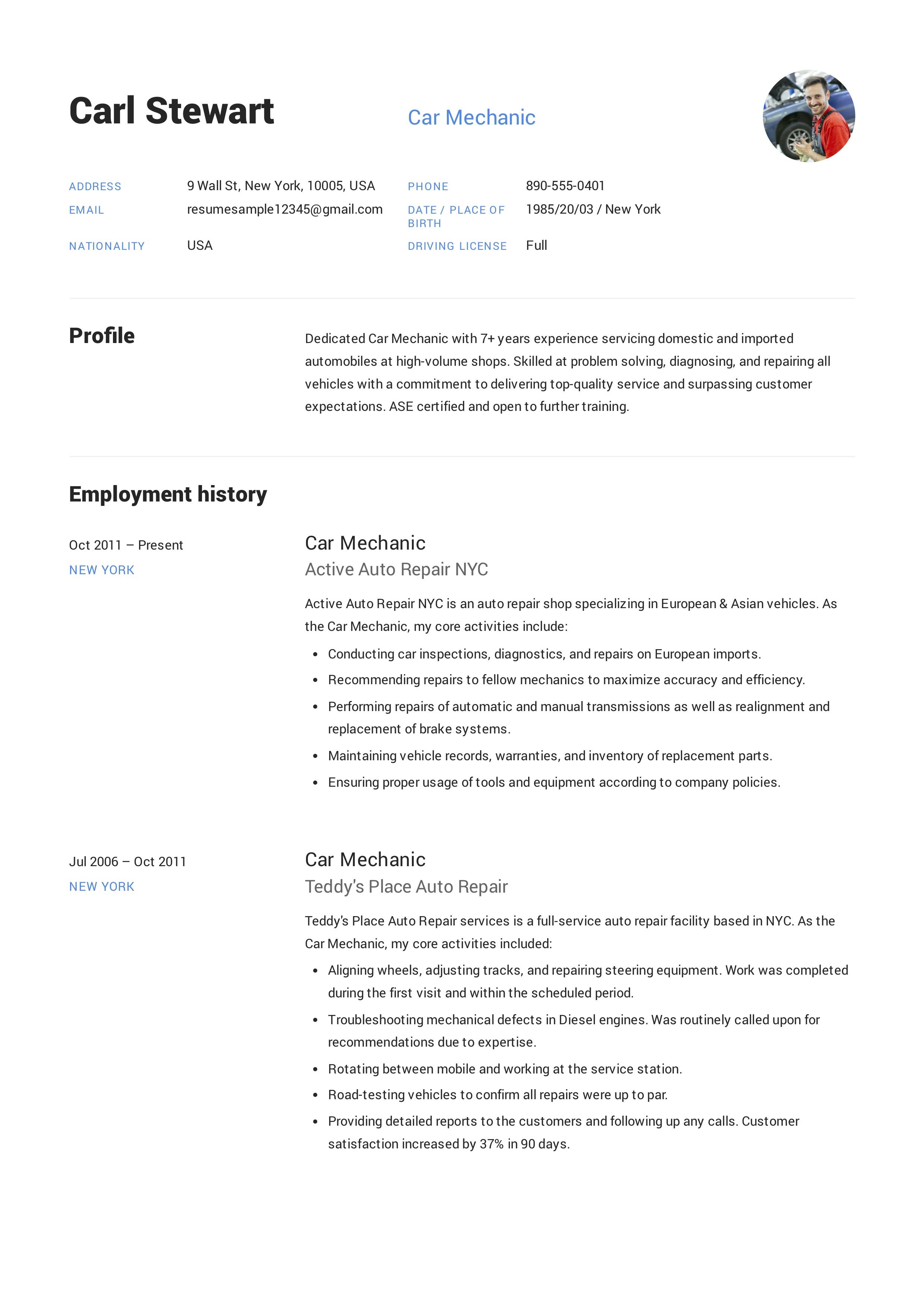 free resume s on free car mechanic resume sample template example cv job resume examples resume examples car mechanic