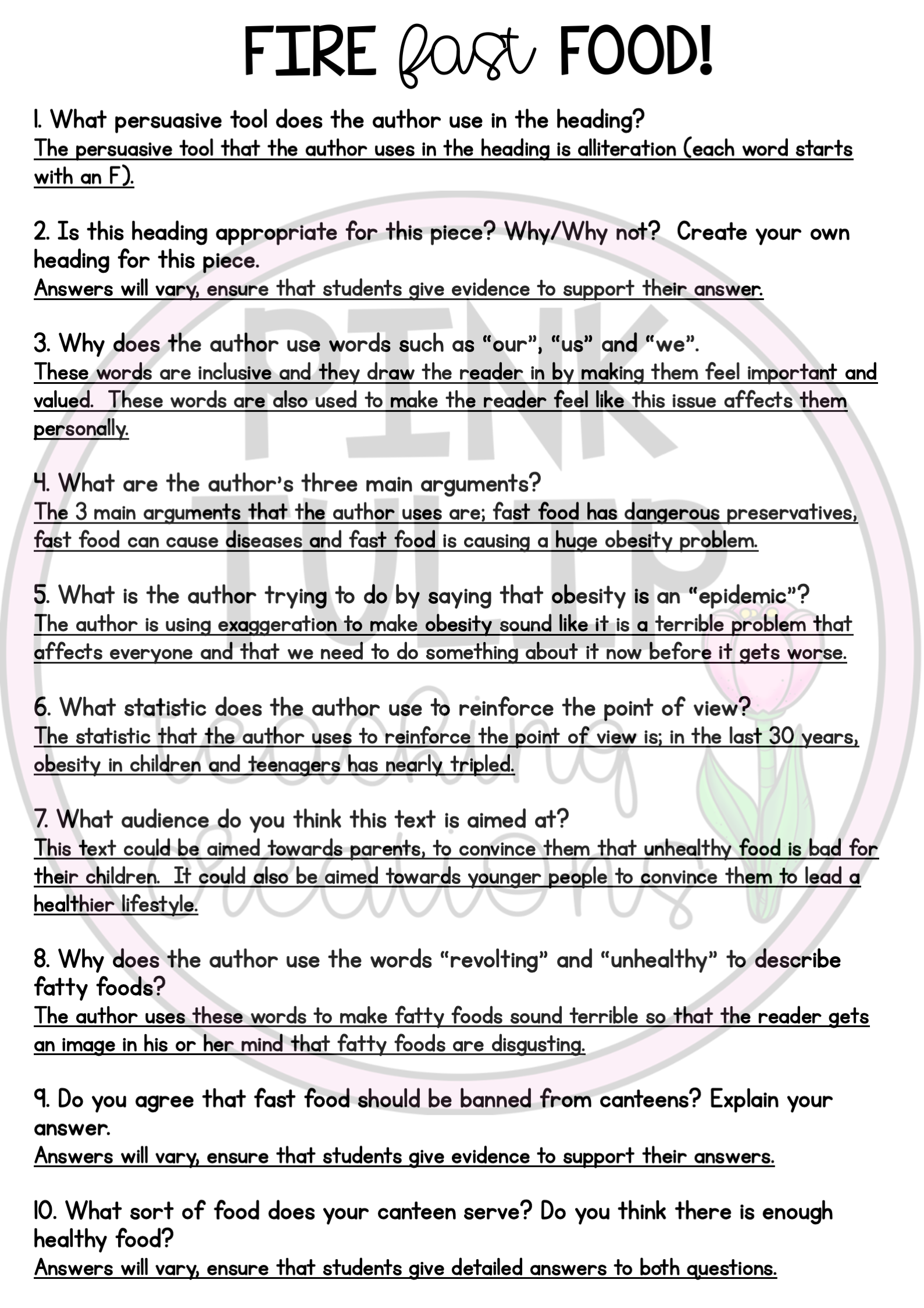 introduction on fast food on persuasive writing comprehension fire fast food writing comprehension persuasive writing persuasive text