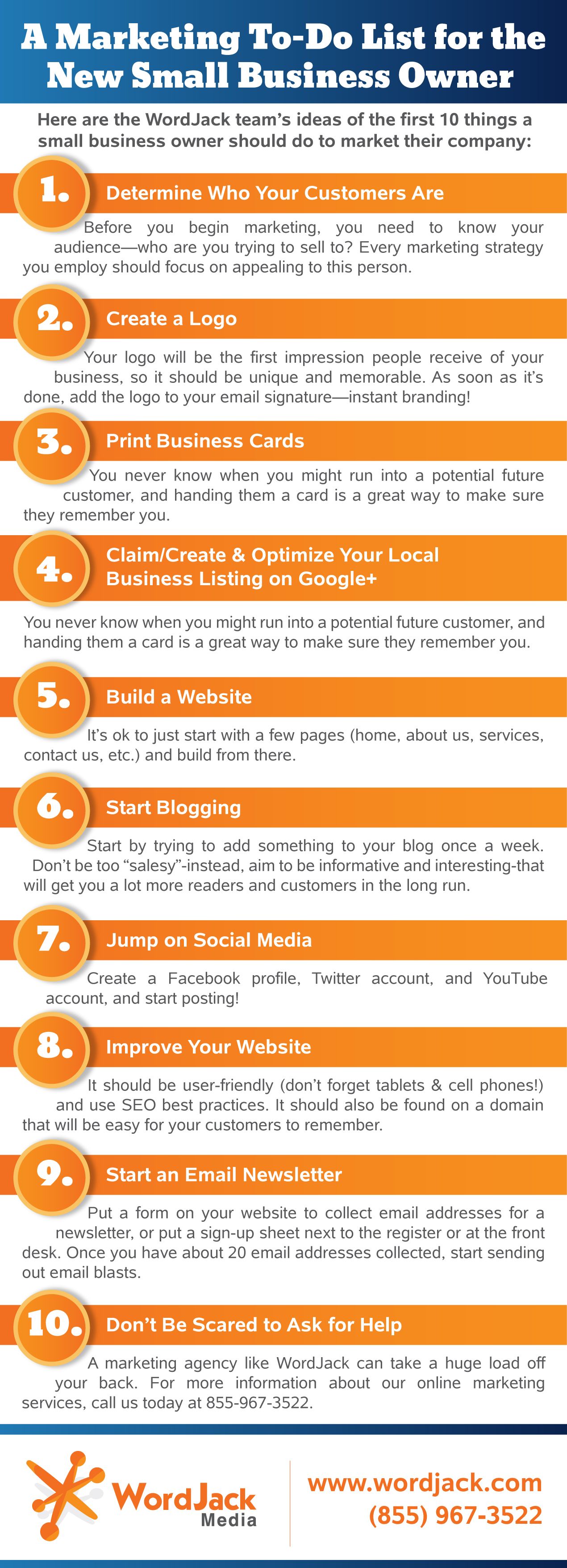 business owner listing on a marketing to do list for the new small business owner infographic business owner marketing small business owner