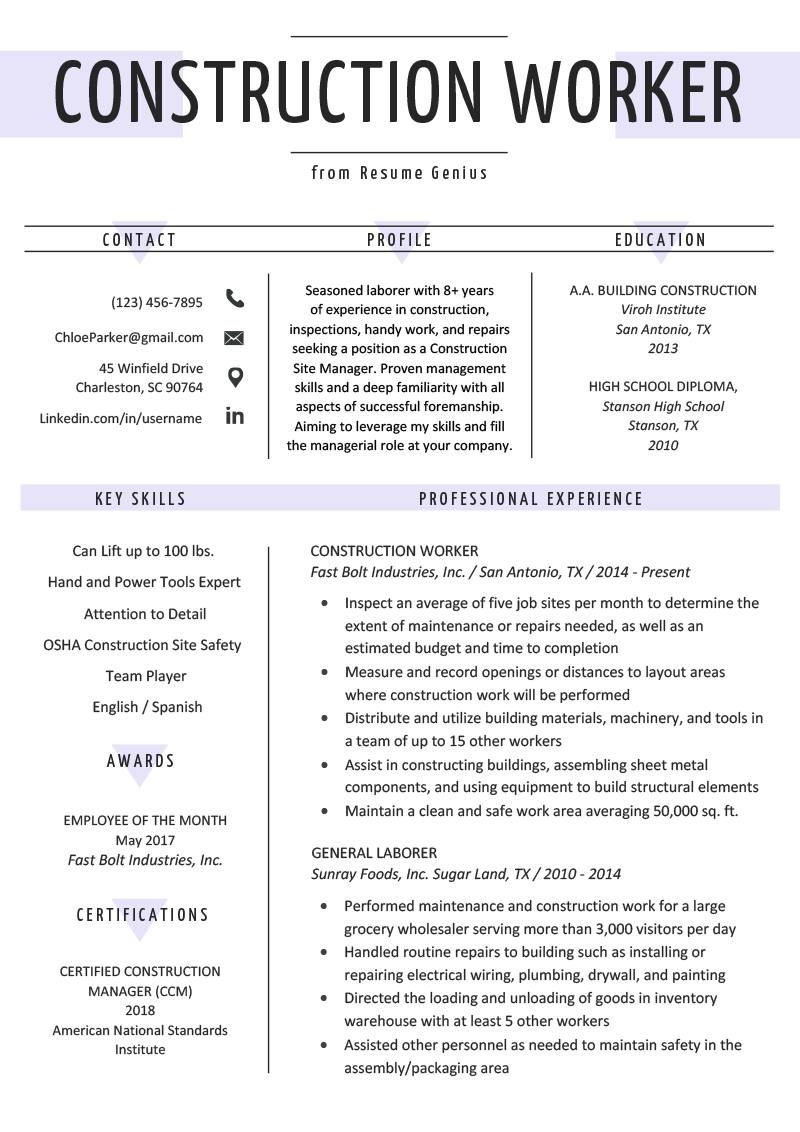 construction worker resume skills on construction worker resume example writing guide resume genius resume examples project manager resume good resume examples