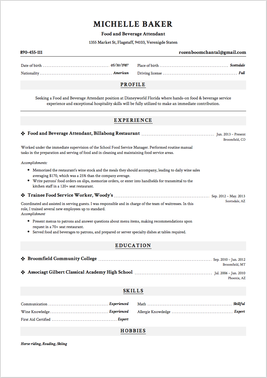 food and beverage resume on food and beverage attendant resume sample template example cv resume resume examples beverages