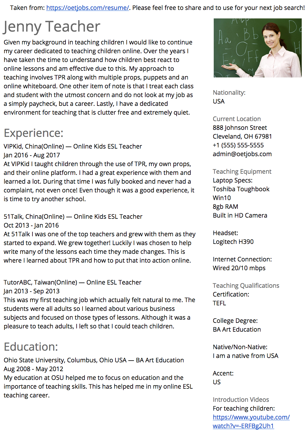 online teacher resume sample on online esl teacher resume esl teaching jobs jobs for teachers teaching jobs