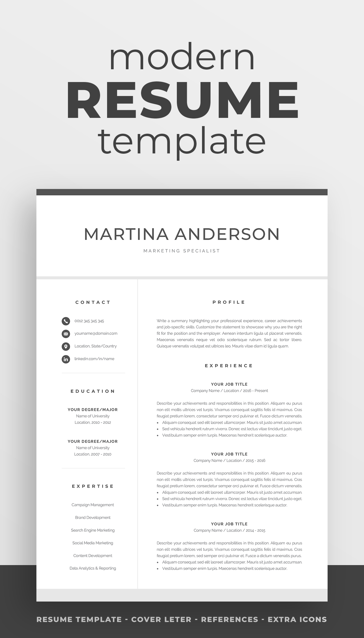 professional one page resume template on modern resume template professional cv template for word cover letter creative resume design mac pc instant download martina in 2021 modern resume template resume template professional resume template