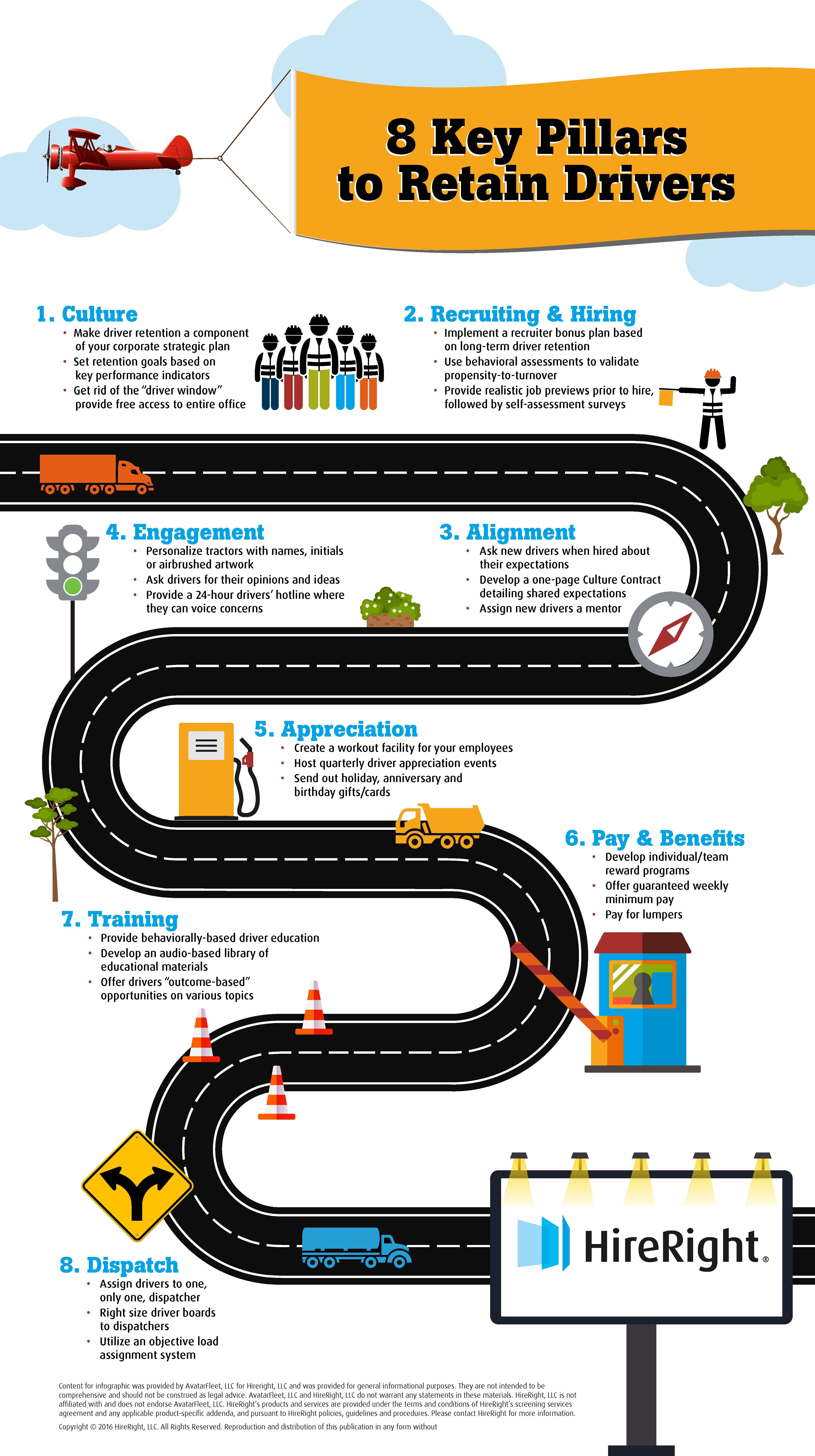 hiring truck drivers on 8 key pillars to retain truck drivers infographic this infographic offers quick tips that you can recruitment marketing investing key performance indicators